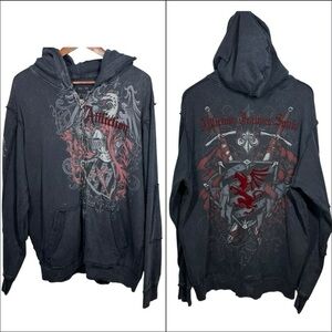 Affliction Mens Jealous Souls Full Zip Hoodie‎ L Y2K Distressed Grunge AOP